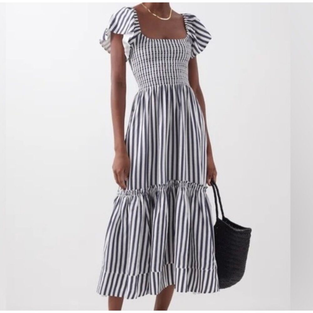 EUC La Ligne 'Lottie' White Blue Striped Smocked Chest Ruffled Maxi Dress sz 3X